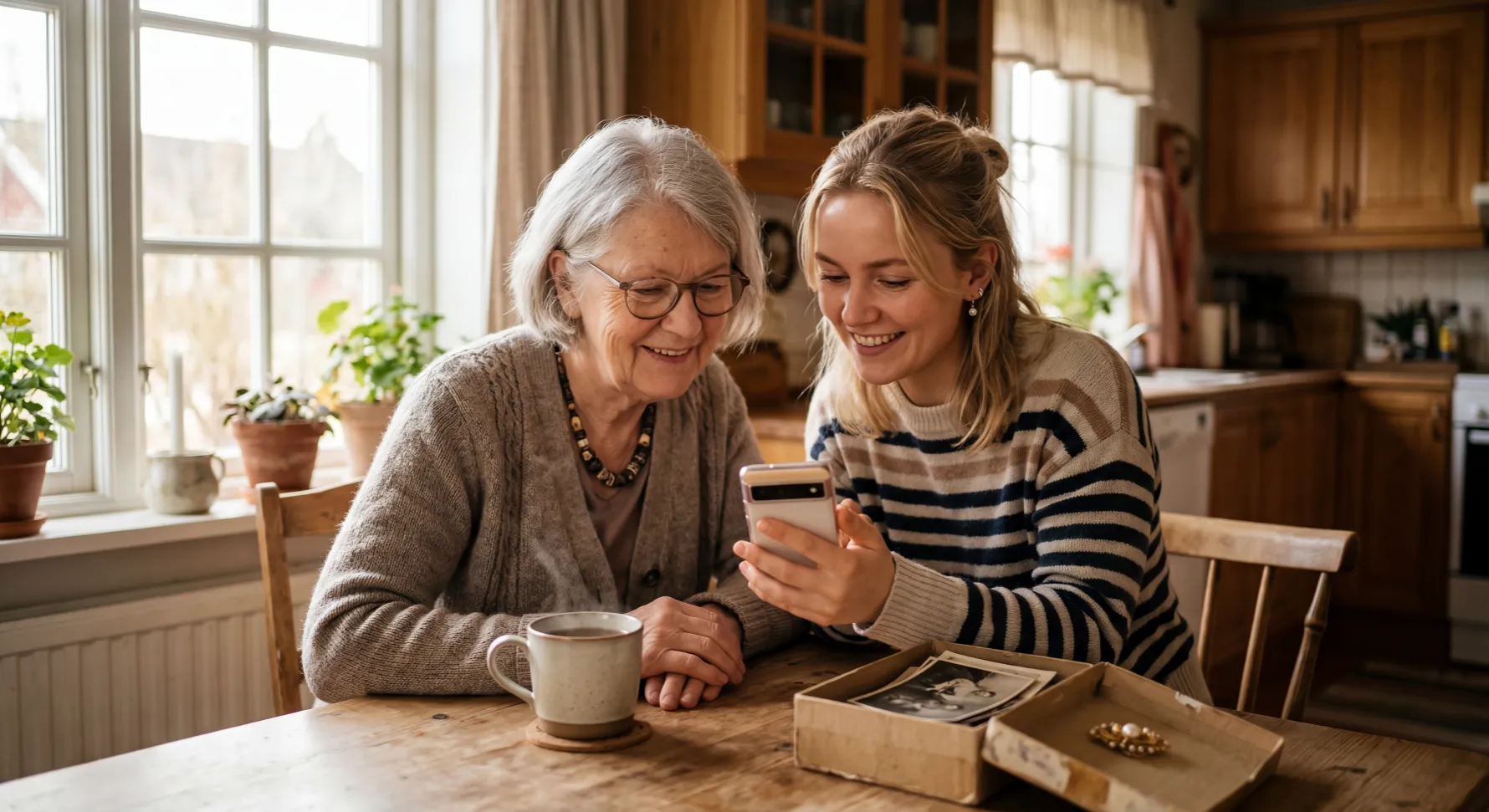A grandmother and granddaughter at a kitchen table, looking through Blue Dots together over a box of old photographs