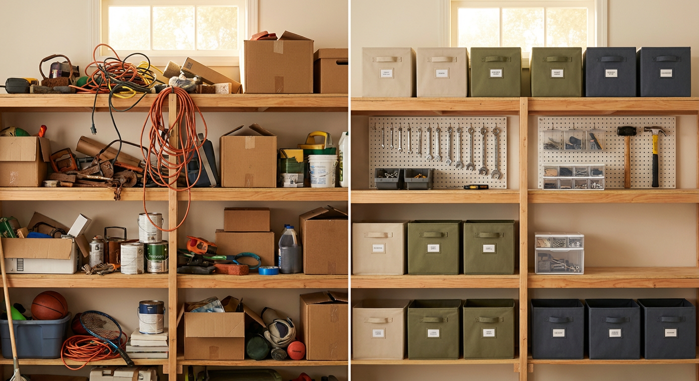 A storage space before and after cataloging it with Blue Dots