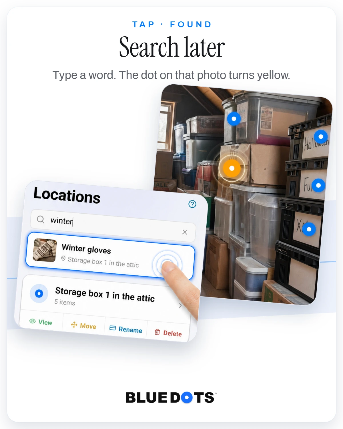 The real Blue Dots search-result card: typing a word lights up the matching dot yellow on the storage photo