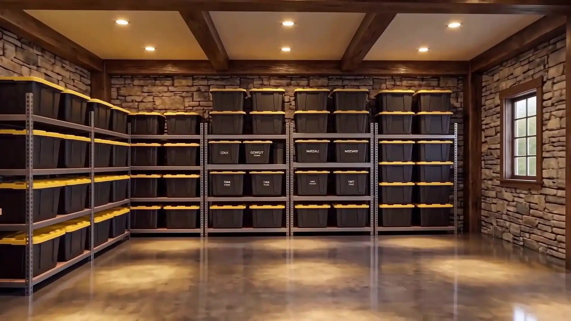 A garage storage wall of labeled bins — the kind of space you photograph once in Blue Dots