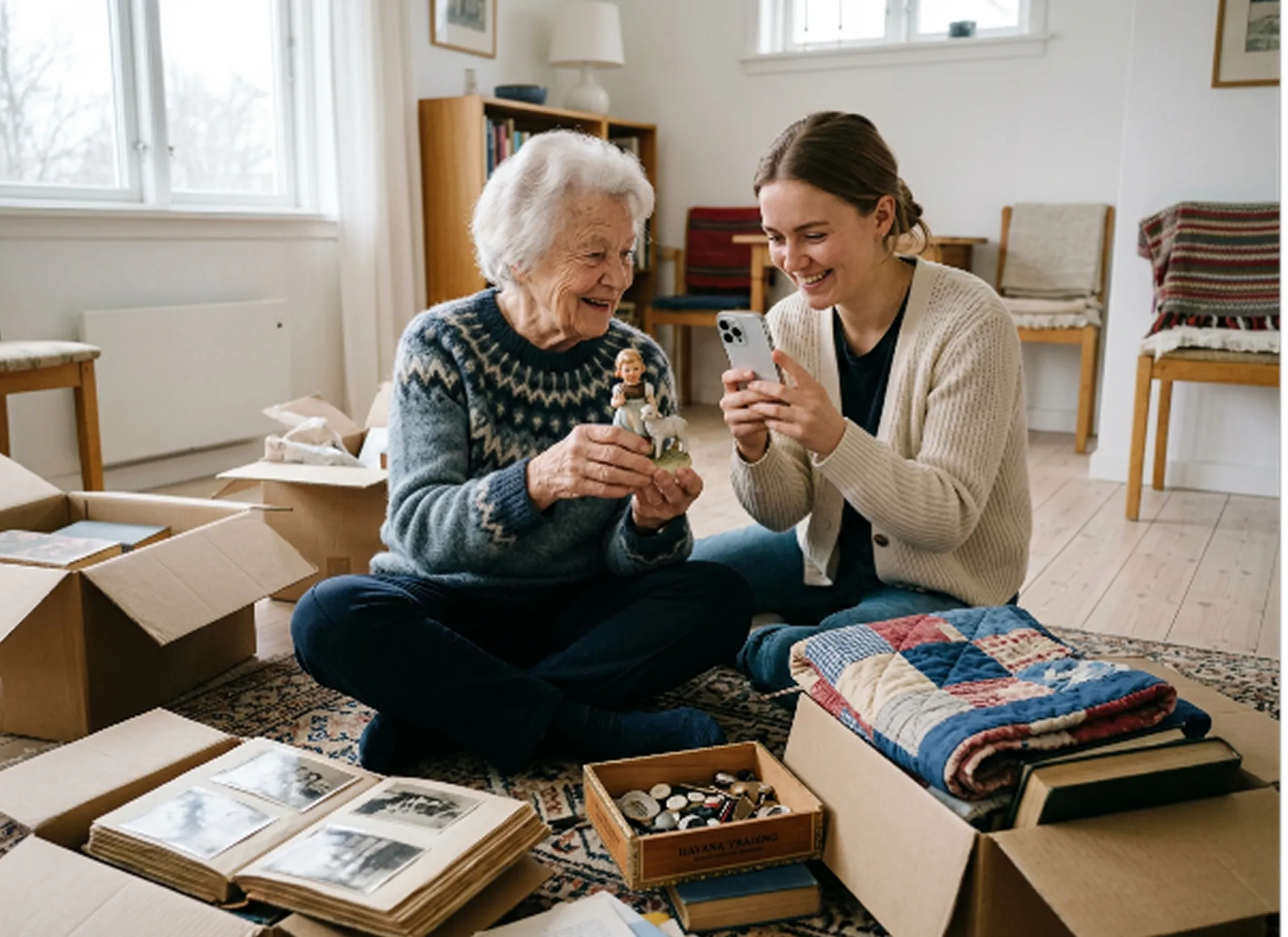 A grandmother holding up a porcelain figurine while her granddaughter photographs it, boxes of albums around them
