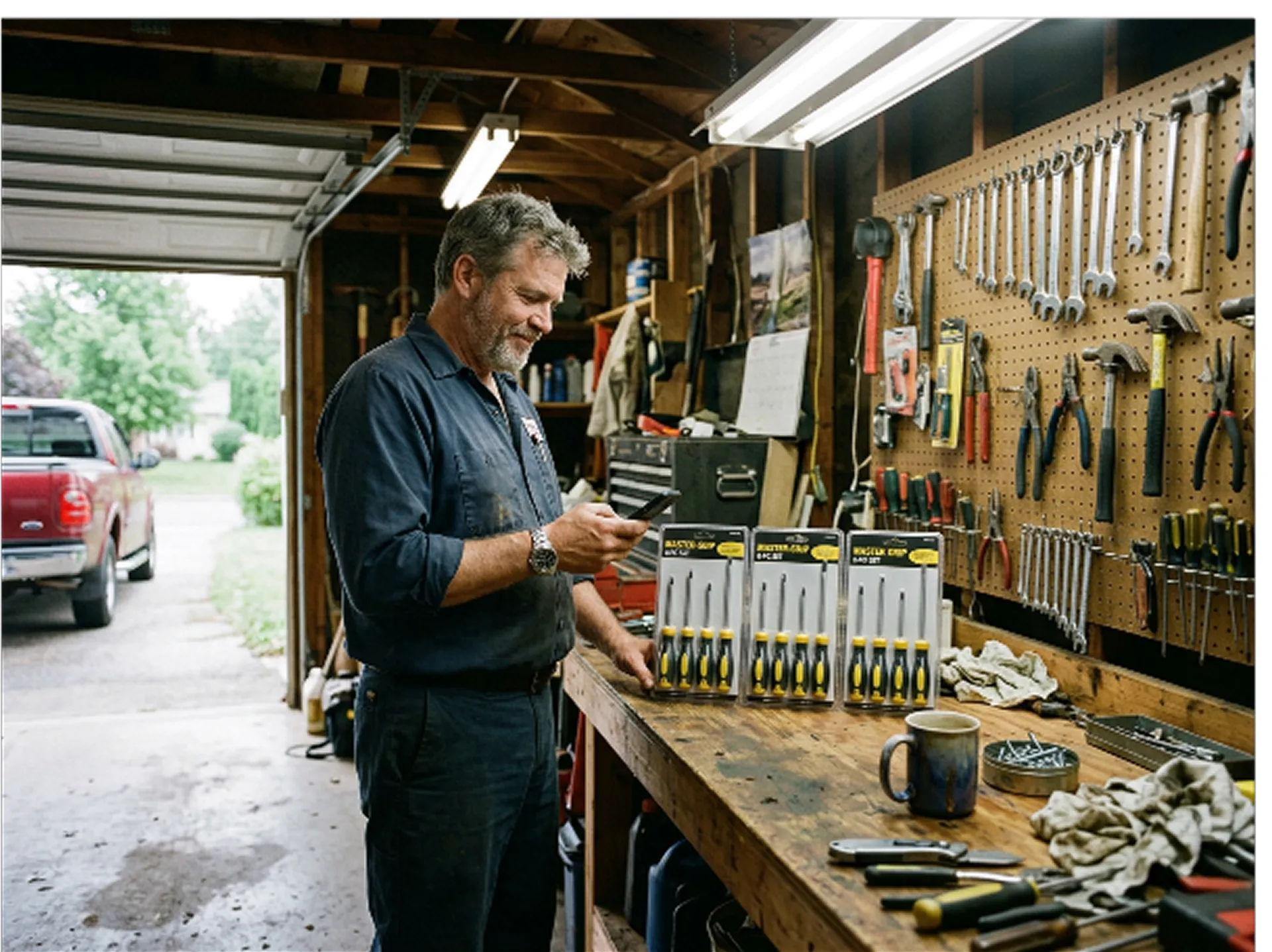A man in his garage checking his phone beside three identical screwdriver sets on the workbench
