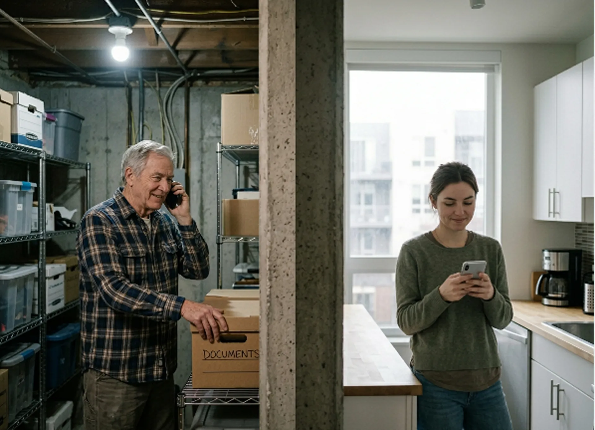 A grandfather on the phone in his storage room, his hand on a box marked Documents, while a relative in her own kitchen guides him from her phone
