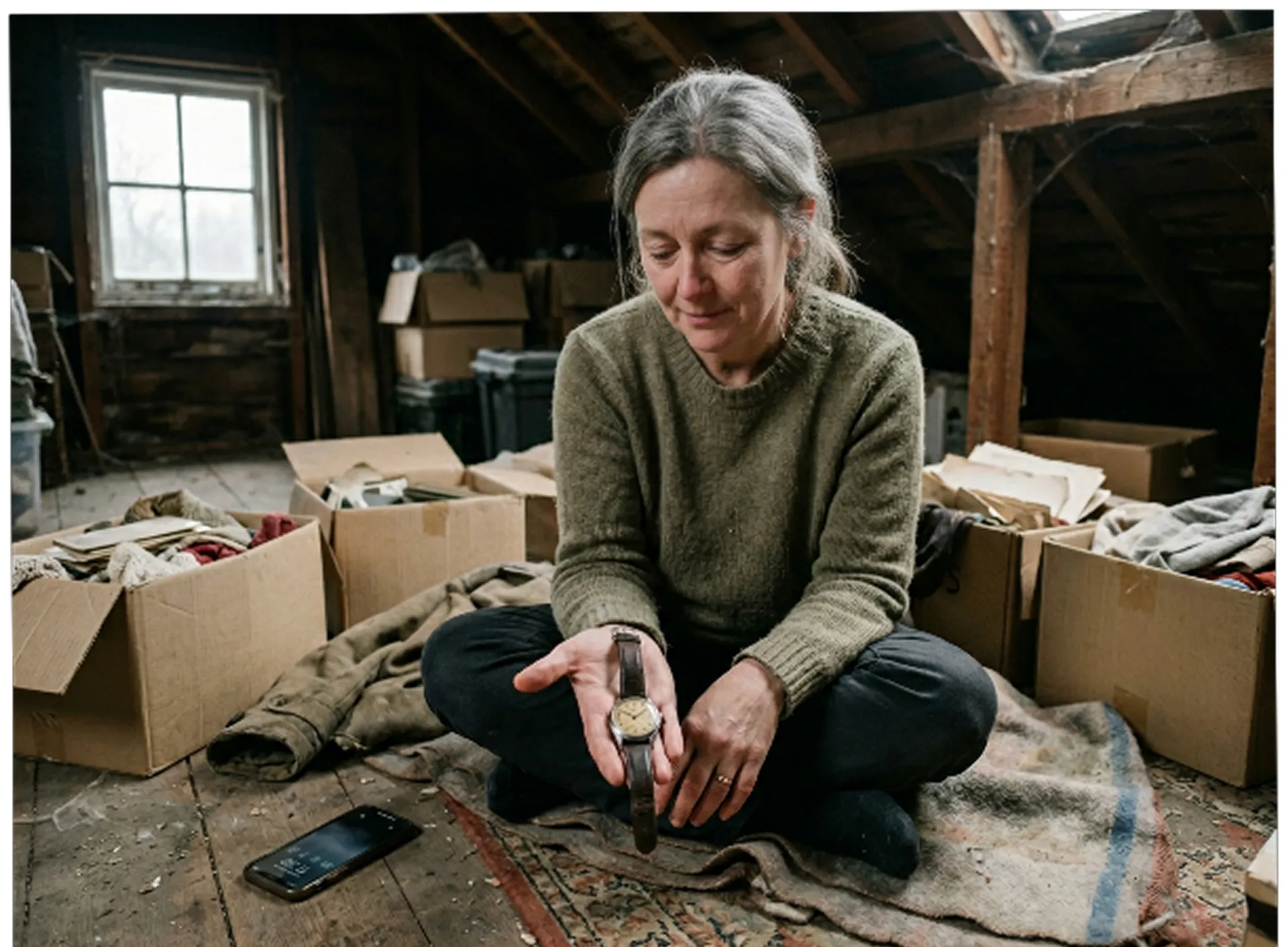 A woman sitting among open boxes in an attic, her late husband's watch resting in her open palm