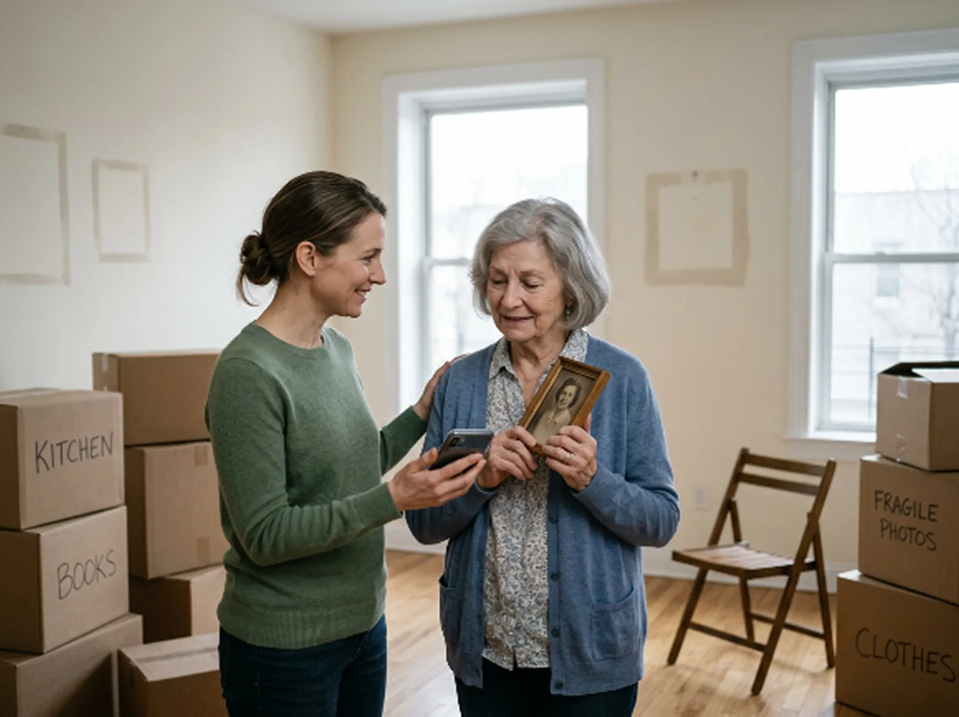 An older woman holding a framed photograph among labeled moving boxes, her daughter at her side