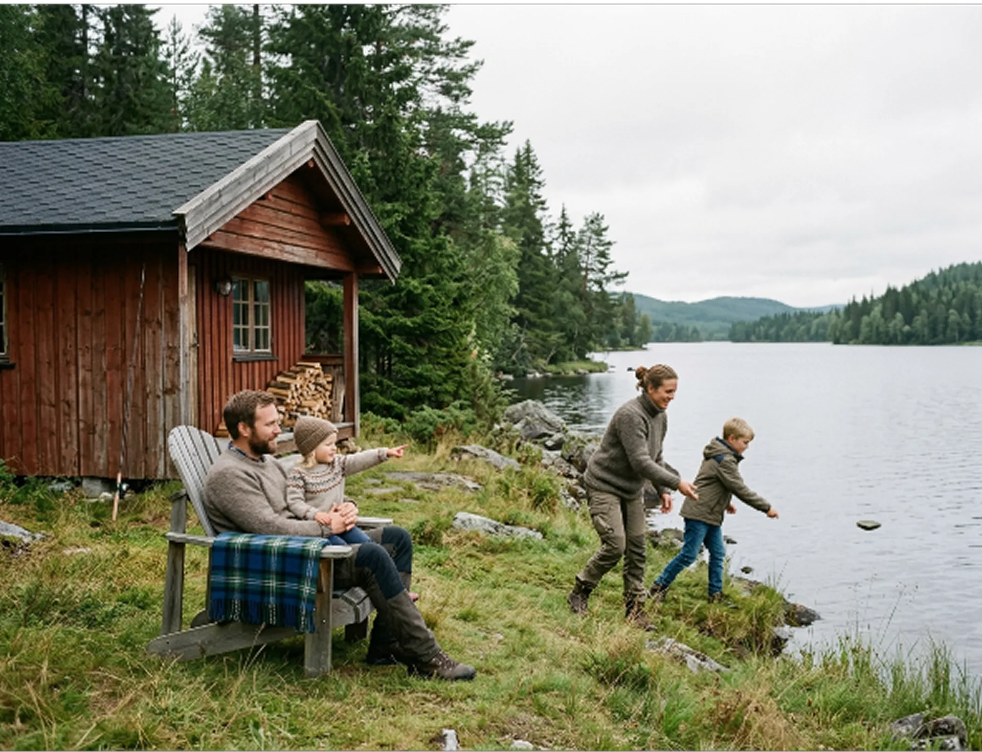A family outside a red lakeside cabin, skipping stones together — a day nobody spent searching